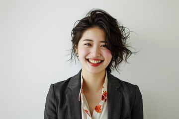 笑顔の日本人の女性ビジネスマンのポートレート写真（白背景・サラリーマン・スーツ・若手・新人・新入社員） - obrazy, fototapety, plakaty