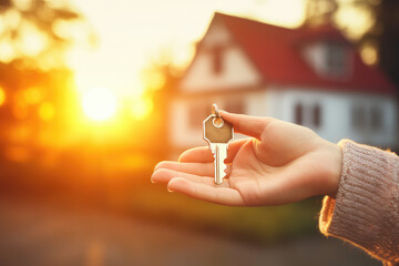 Home ownership and moving to a new home, a key exchange moment outdoors, representing the housing market and residential life transition.