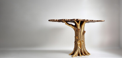 elite unique table made of solid wood with gold plating and epoxy resin, leg in the shape of a tree trunk