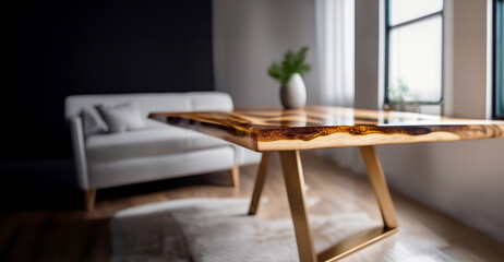 large table made of solid wood with epoxy resin and varnish. Furniture made from rare woods