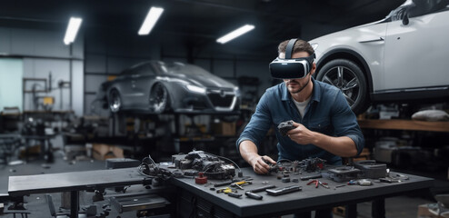 male auto mechanic repairs a car in a car service garage wearing VR glasses, augmented reality in the industry.