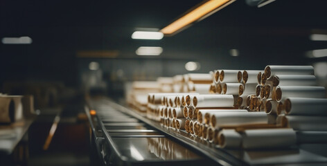production of cigarettes and cigars at the factory, conveyor belt with tobacco products - obrazy, fototapety, plakaty