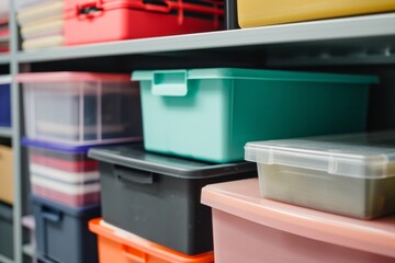 Close -up of boxes and plastic containers on the shelves. Storage at home - obrazy, fototapety, plakaty