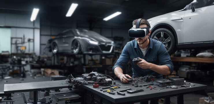 male auto mechanic repairs a car in a car service garage wearing VR glasses, augmented reality in the industry. - Powered by Adobe