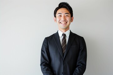 正面の笑顔の日本人の男性ビジネスマンのポートレート写真（白背景・サラリーマン・スーツ・若手・新人・新入社員）