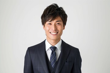 正面の笑顔の日本人の男性ビジネスマンのポートレート写真（白背景・サラリーマン・スーツ・若手・新人・新入社員） - obrazy, fototapety, plakaty