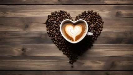 Papier Peint photo Café heart shaped coffee beans, Classic Coffee Cup on Rustic Wood with Steam in the Shape of a Heart