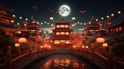 Chinese new year, Traditional Chinese lanterns display in Temple illuminated for Chinese new year festival, at night. Year of dragon, 2024.	
