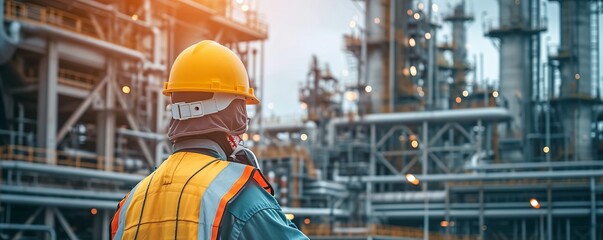 Fototapeta premium A worker in safety attire gazes at the place where they work in an oil and gas industrial area. Technology, Safety, Environment and Industrial work concept. Generative Ai