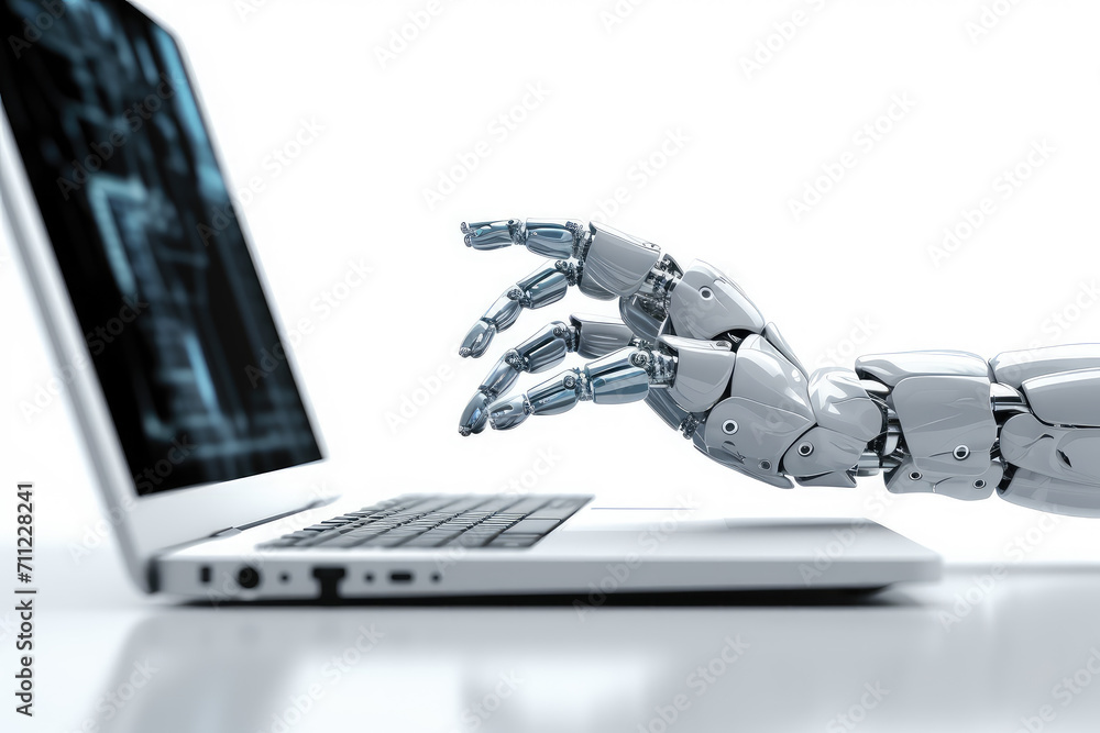 Poster embodying the future of technology, a robot hand engaging with a laptop, highlighting the evolving r