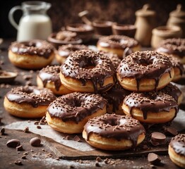 Obraz na płótnie Canvas Chocolate donuts with chocolate glaze on rustic wooden background