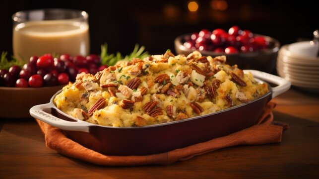 Experience a mouthwatering evolution of flavors as you explore the delicately balanced cornbread stuffing, where the sweetness of dried cranberries harmonizes with the savory presence of