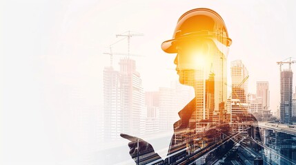 Double exposure of engineer in safety helmet with oil plant. The synergy of industrial, technology, safety, and environmental work concepts. Generative Ai - obrazy, fototapety, plakaty