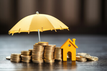 Concept of economic security, an umbrella safeguarding a stack of coins and a property model, representing wise financial planning.