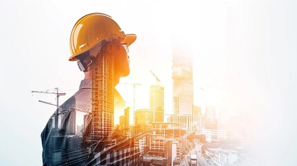 Double exposure of engineer in safety helmet with oil plant. The synergy of industrial, technology, safety, and environmental work concepts.  Generative Ai