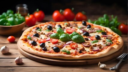 pizza with mushrooms and tomatoes,Tasty freshly made pizza presented on a wooden table.