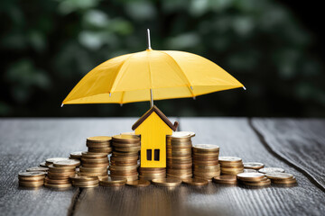 Financial safety, depicting a small yellow umbrella over a pile of coins and a house model, symbolizing protected investments.