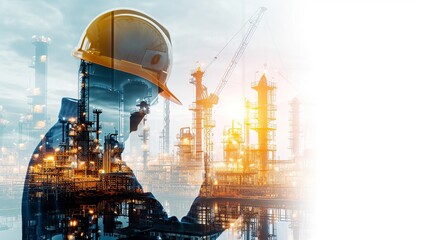 Synergy of industrial, technology, safety, and environmental work concepts through a double exposure featuring an engineer in a safety helmet against the backdrop of an oil plant. Generative Ai - obrazy, fototapety, plakaty