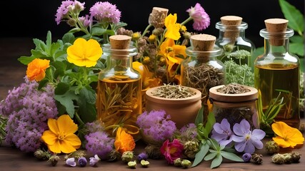 Obraz na płótnie Canvas lavender and essential oil, medicinal flowers, herbs, and essential oils