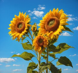 Sunflowers on blue sky background. Sunflower blooming.