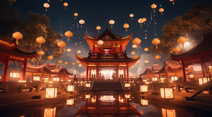Chinese new year, Traditional Chinese lanterns display in Temple illuminated for Chinese new year festival, at night. Year of dragon, 2024.	
