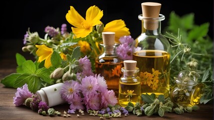 Obraz na płótnie Canvas oils with flowers, medicinal flowers, herbs, and essential oils