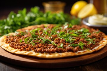 Thin and crispy lahmacun, a traditional Israeli flatbread topped with a y minced meat mixture, adorned with fresh herbs, and served with a squeeze of lemon.