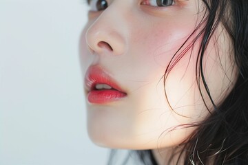 日本人女性の唇のパーツのアップ写真（白背景・美肌・クローズアップ） - obrazy, fototapety, plakaty
