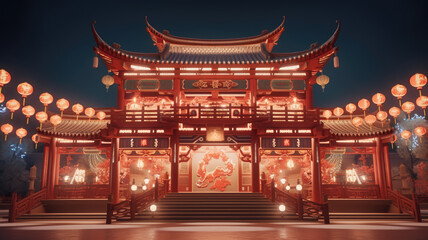 Fototapeta premium Chinese new year, Traditional Chinese lanterns display in Temple illuminated for Chinese new year festival, at night. Year of dragon, 2024. 