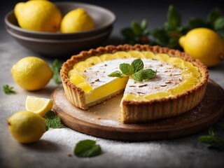 Obraz na płótnie Canvas Classic French Lemon Tart, tart au citron, crisp buttery crust with luscious lemon custard. Cinematic food 
