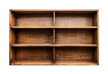 Empty wooden bookshelves isolated on transparent background