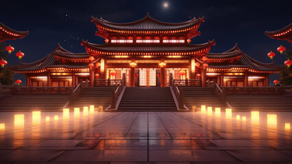 Obraz premium Chinese new year, Traditional Chinese lanterns display in Temple illuminated for Chinese new year festival, at night. Year of dragon, 2024. 