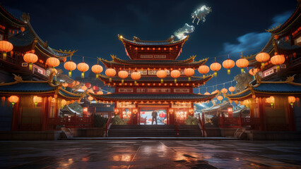 Fototapeta premium Chinese new year, Traditional Chinese lanterns display in Temple illuminated for Chinese new year festival, at night. Year of dragon, 2024. 