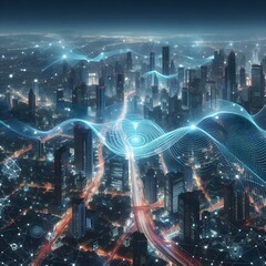 Wireless connection network over cityscape at night, 3D rendering