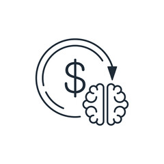 Money connects with brains. Properly dispose, manage and distribute financial funds.Vector linear icon isolated on white background.
