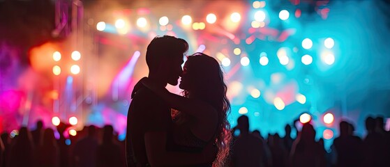 couple sharing a moment at a summer music concert, with the stage illuminated by colorful lights