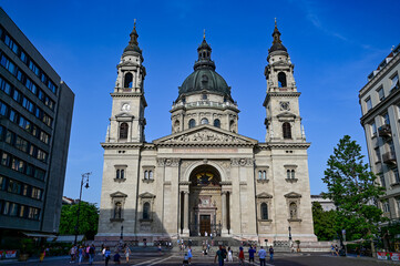 Church of St. Stephen's Basilica, Szent Istvan Bazilika in Budapest, portal front with facade with dome of the famous church in Budapest, Hungary