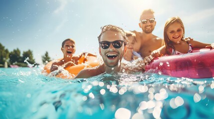  family playing together in a pool on a summer holiday, with colorful floaties and a bright blue sky  - obrazy, fototapety, plakaty