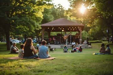  family enjoying a laid-back summer music concert in a community park, with a local band playing on a small stage 