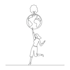 Continuous single line sketch drawing of happy woman holding earth globe and plant tree save world environment. One line art of protect nature ecology earth care world day vector illustration