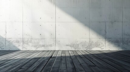 Concrete wall and wood floor with sunlight. Abstract background texture.