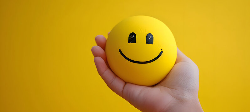Naklejki Hands holding 3d smiling emoticon or Smiley yellow ball emoji on yellow background. mental health assessment , world mental health day concept. empty space for text, copy space.