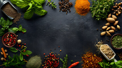 Spices and herbs on dark textured background, Different seasonings, Food and cuisine ingredients wide banner, Flat lay, top view, food design, frame with copy space.	