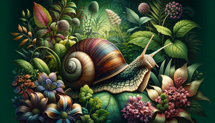 A digital painting of a snail in a botanical garden - obrazy, fototapety, plakaty