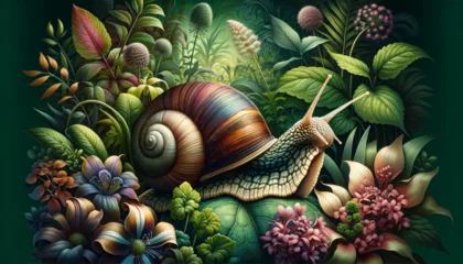 Fotobehang A digital painting of a snail in a botanical garden © ForeverYoung