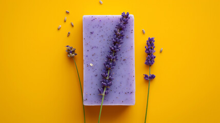 Organic handmade lavender soap on yellow background - obrazy, fototapety, plakaty