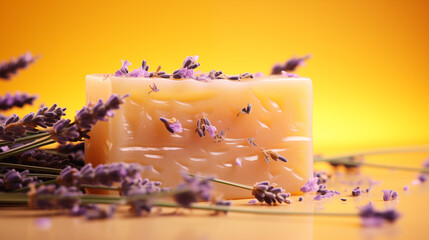 Organic handmade lavender soap on yellow background