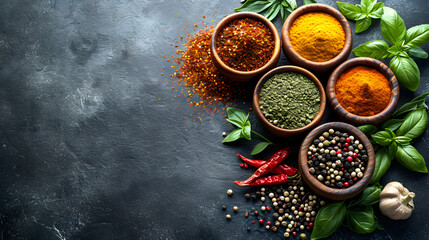 Spices and herbs on dark textured background, Different seasonings in cups, Food and cuisine ingredients wide banner, Flat lay, top view, food design, with copy space.