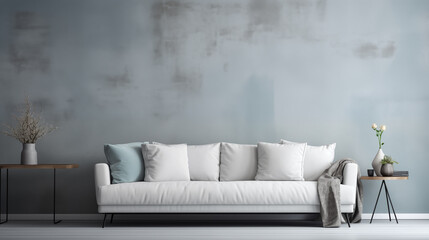 White sofa or couch with side tables on a solid gray background, banner size, fresh and calm interior,	