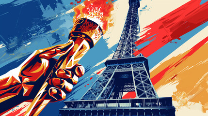 Paris olympics games France 2024 ceremony running sports Eiffel tower summer artwork painting commencement torch - obrazy, fototapety, plakaty
